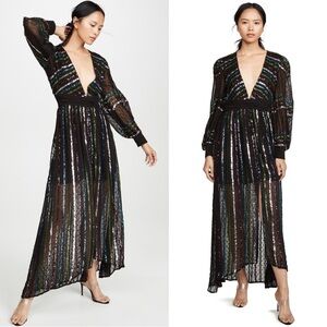 Rococo Sand • Sequin Striped Gown black chiffon rainbow swiss dot balloon sleeve